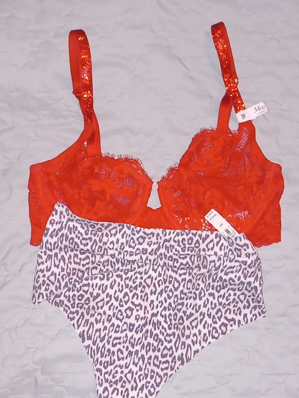 Victorias Secret Red Lace Underwire Bra and Leopard High-Waist Brief Set